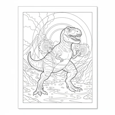 A T-Rex in power-charging pose, legs braced wide, tiny arms crackling with gath… coloring page