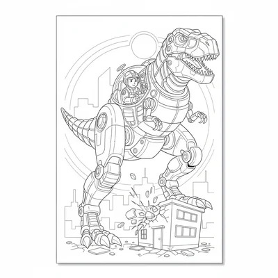 A T-Rex mecha pilot visible inside a transparent cockpit in the dino's chest, t… coloring page