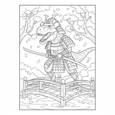 A T-Rex samurai in layered armor plates, katana held in its jaws, standing in a… coloring page