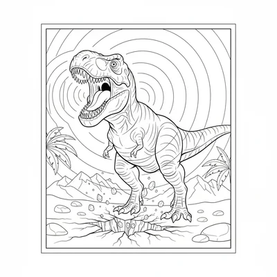 A T-Rex unleashing a sonic roar, visible sound wave rings expanding from its op… coloring page