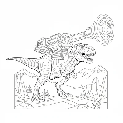 A T-Rex with a massive energy cannon mounted on its back, bracing its legs as t… coloring page