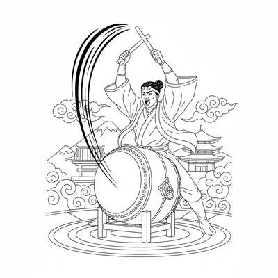 A taiko drummer striking a large barrel drum with both bachi sticks raised coloring page
