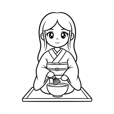 A tea ceremony girl in a simple kimono, large serene anime eyes with a calm coloring page