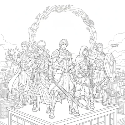 A team of five heroes assembled on a city rooftop at dusk, each in a distinct coloring page