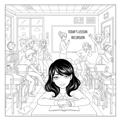 A time loop classroom scene where one student remembers all previous loops coloring page