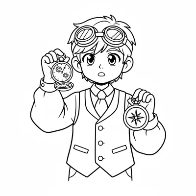 A time traveler boy in a simple Victorian waistcoat over a shirt with rolled coloring page