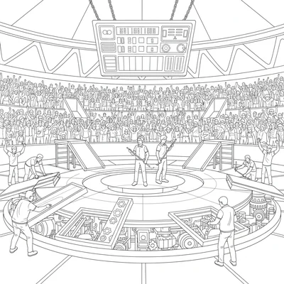 A tournament arena preparation scene with technical crew coloring page