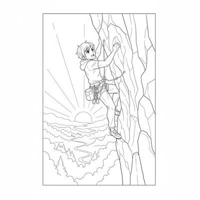 A tower climber partway up a sheer cliff face in morning mist, clinging coloring page