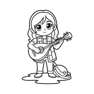 A traveling musician girl with a simple lute-like instrument held in playing coloring page