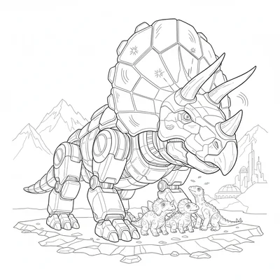 A Triceratops guardian mecha, frill expanded into a shield wall with hexagonal… coloring page