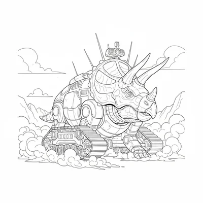 A Triceratops tank mecha rolling on treaded wheels where its legs would be, fri… coloring page