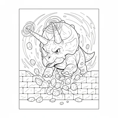 A Triceratops with drill-bit horns spinning with motion lines, charging through… coloring page