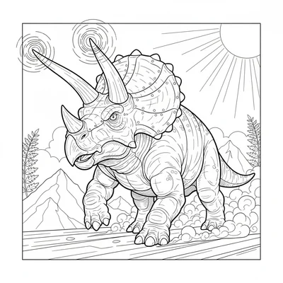 A Triceratops with reinforced metal frill and glowing horn tips, charging forwa… coloring page