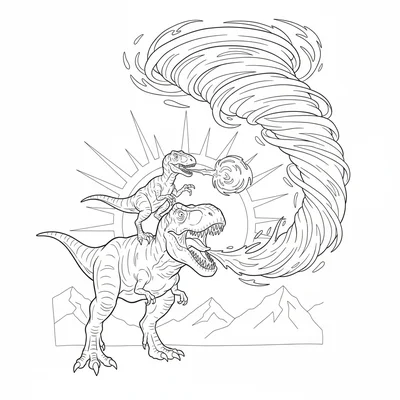 A Velociraptor and T-Rex team combining energy attacks, the raptor riding on th… coloring page