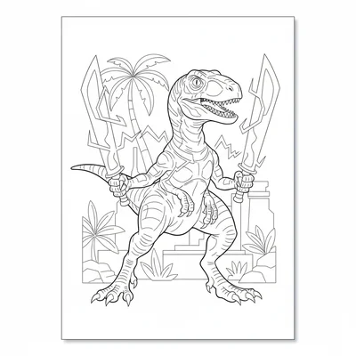 A Velociraptor dual-wielding energy blades, crouched in a ready stance, one bla… coloring page
