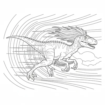 A Velociraptor in a sprinting leap, speed lines radiating from its body, one si… coloring page