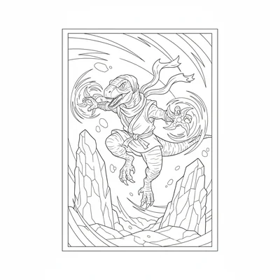 A Velociraptor ninja with a flowing scarf, leaping between two tall rock pillar… coloring page