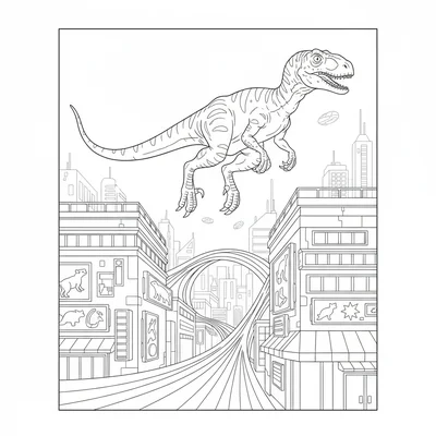 A Velociraptor racing along rooftops in a futuristic city, leaping a gap betwee… coloring page