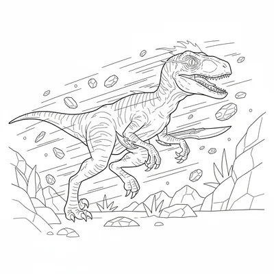 A Velociraptor with blade-like arm extensions, dashing through the frame diagon… coloring page