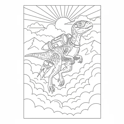 A Velociraptor with jet-pack boosters on its back, soaring upward through cloud… coloring page