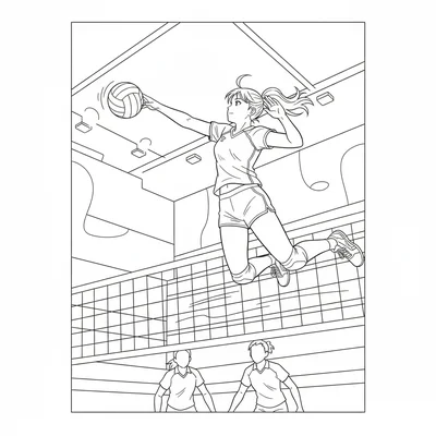 A volleyball player leaping to spike the ball, body extended at full height coloring page