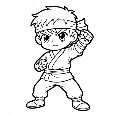 A warrior boy in simple training clothes, large determined anime eyes coloring page