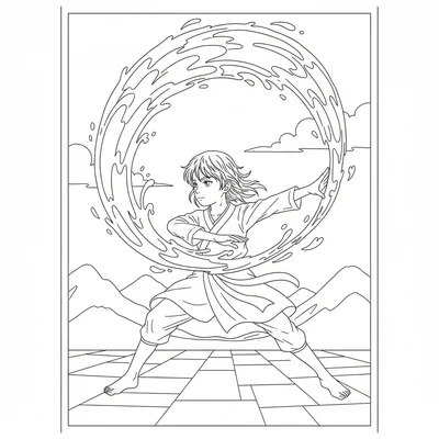 A water bender shaping a large arc of water above their head in a wide sweeping coloring page