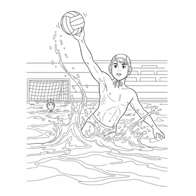 A water polo player raising an arm to pass the ball, body half out of the water coloring page