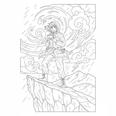 A weather observer on a high cliff edge with rain-buffeted clothing, recording coloring page