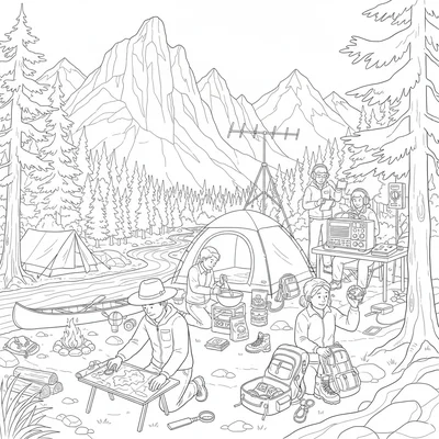 A wilderness expedition base camp scene with five expedition members each coloring page
