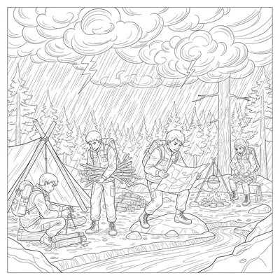 A wilderness survival team building a camp as rain approaches, one member coloring page