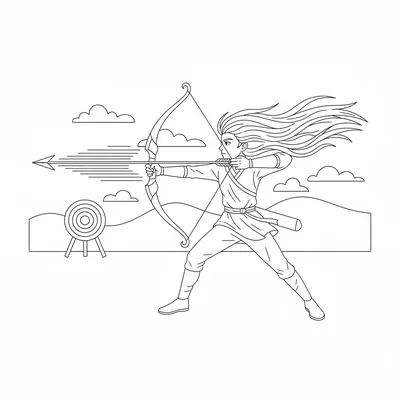 A wind archer releasing an arrow, the bow arm still extended, the arrow already coloring page
