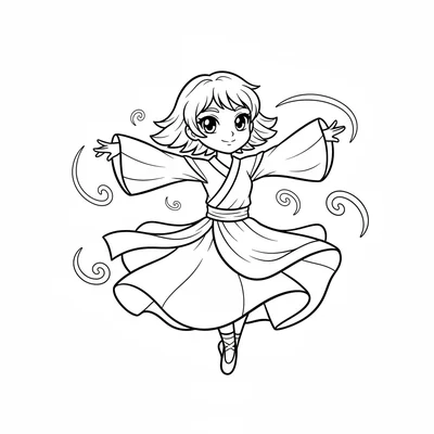 A wind dancer girl in flowing layered practice clothes, large expressive anime coloring page