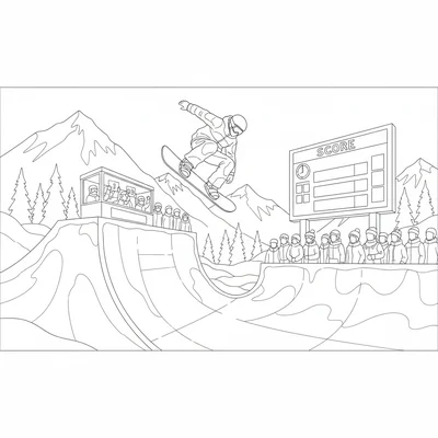 A winter sports competition with a snowboarder completing a halfpipe run coloring page