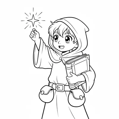 A young alchemist boy with a large open book tucked under one arm, large eager coloring page
