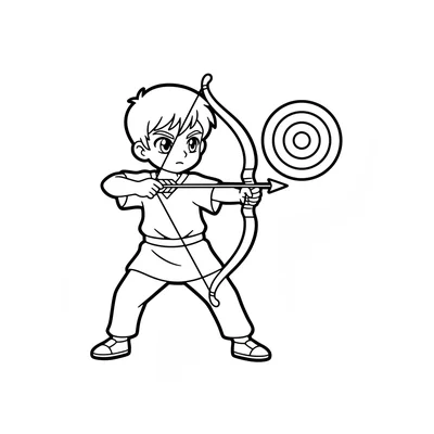 A young archer boy in a simple tunic, large focused anime eyes, nocking coloring page