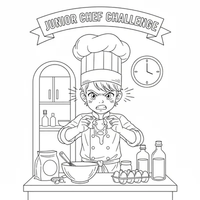 A young chef in a cooking competition setting cracking eggs with both hands coloring page