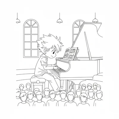 A young composer at a grand piano in a concert hall, leaning intensely over coloring page