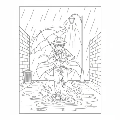 A young detective running down a rain-wet alley at night, coat flaring behind coloring page