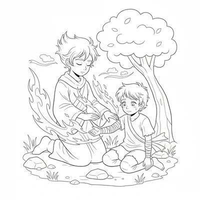A young healer channeling energy into a wounded ally seated before them, both coloring page