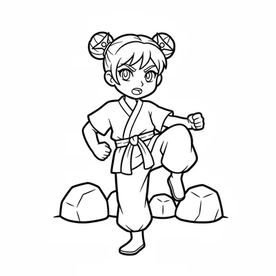 A young kunoichi girl in a simple practice outfit with simple shuriken-shaped coloring page