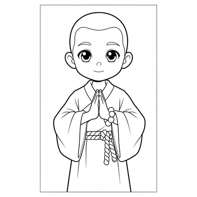 A young monk in simple robes with beads at the wrist, large calm anime eyes coloring page