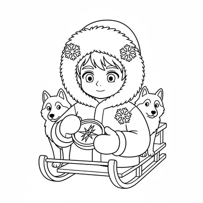 A young ranger boy with a simple winter parka with fur-trimmed hood, large calm coloring page