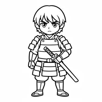 A young samurai in simple armor standing upright facing forward, one hand coloring page