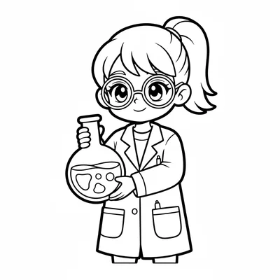 A young scientist girl with large curious anime eyes behind simple round coloring page