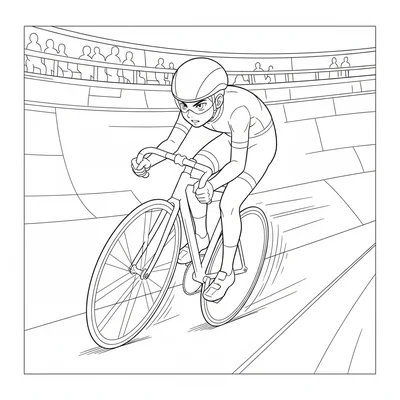 A young track cyclist crouched over the handlebars in a racing position coloring page