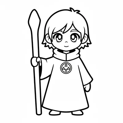 A young wizard standing facing forward holding a long wooden staff in one hand coloring page