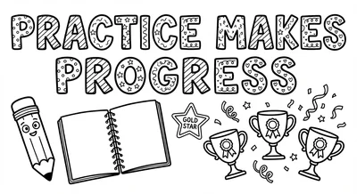 Render the exact text 'PRACTICE MAKES PROGRESS' in Chunky H… coloring page