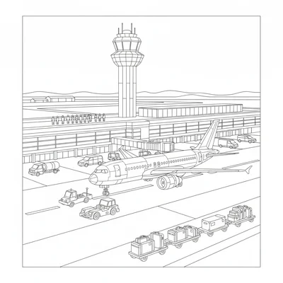 A airport scene with a commercial airplane taxiing on the runway, a control coloring page