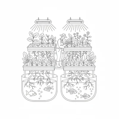 A aquaponics greenhouse combining fish tanks below and vegetable growing beds coloring page